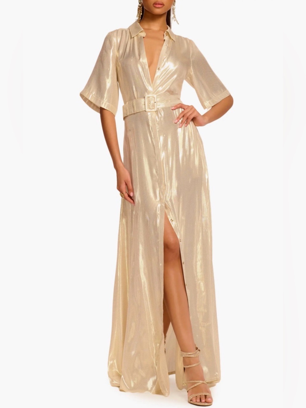 Ramy.Brook Andi Lame Metallic Gold Maxi Dress with Belt